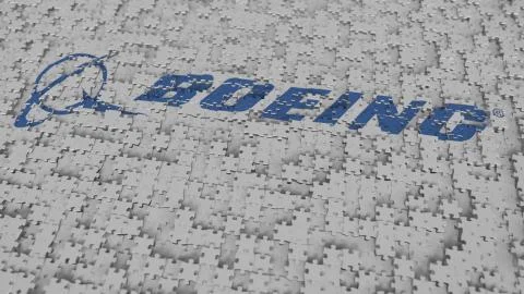 BOEING logo being composed with puzzle pieces, editorial 3D rendering Stock Illustration
