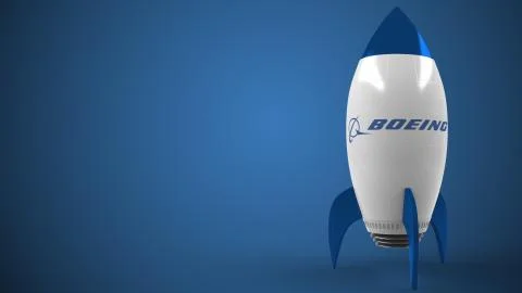 BOEING logo on a rocket mockup. Editorial conceptual success related 3D Stock Illustration