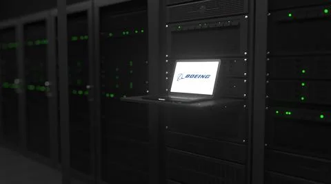 BOEING logo on the screen in a modern server room. Conceptual editorial 3d Stock Illustration