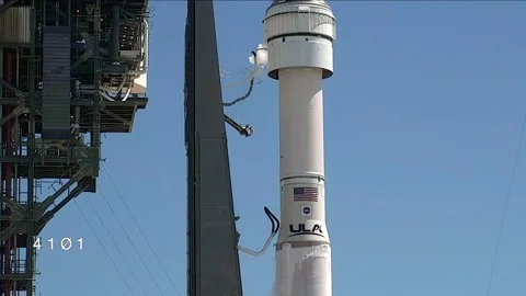 Boeing Starliner spacecraft, Calypso, launch on a ULA Atlas V rocket Stock Footage 277710294