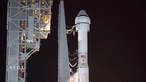 Boeing's uncrewed Orbital Test Flight launch from South Tower, Kennedy Space Stock Footage 277709236