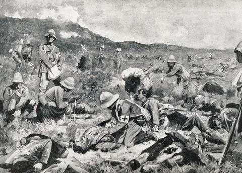 Boer War An army surgeon at work on a battlefield where many wounded lie South Stock Illustration