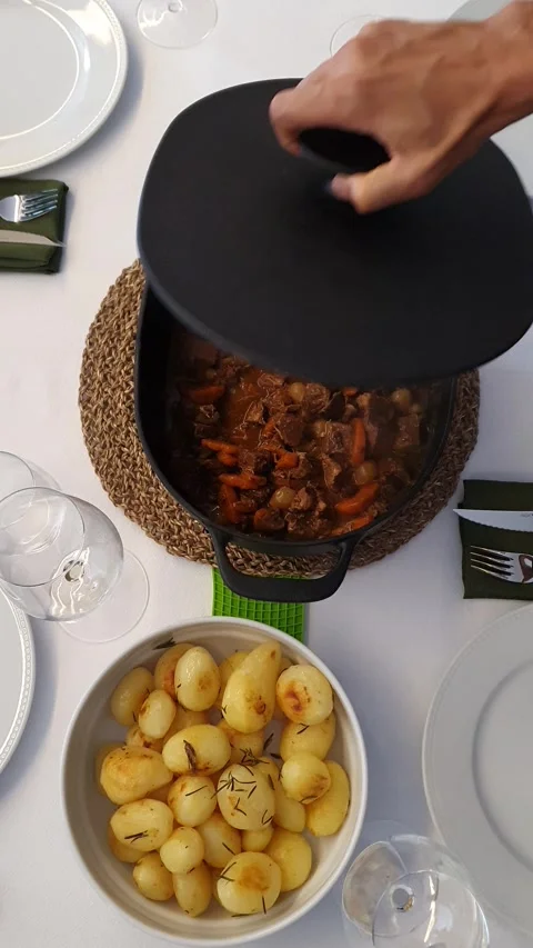Boeuf bourguignon with baked potatoes Stock Footage 299563124