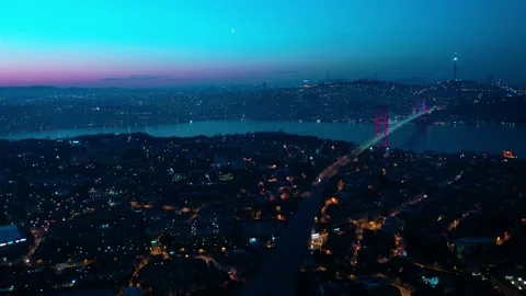 Bogazici bridge at down, minimum traffic, blue sky and crescent,  wide angle Stock Footage 244670707