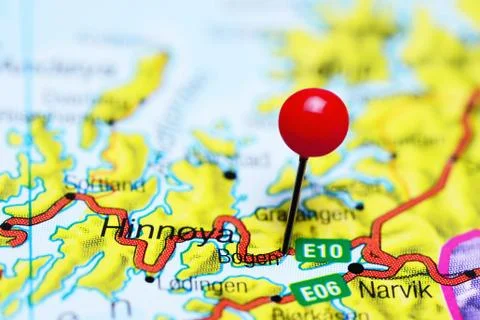 Bogen pinned on a map of Norway Stock-Fotos