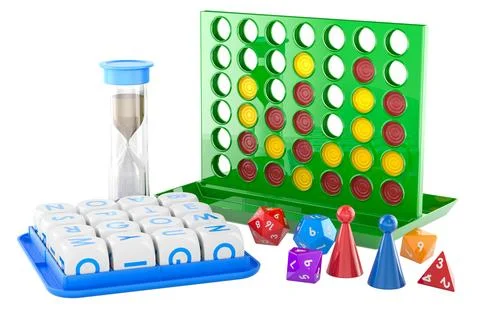 Boggle, Connect Four and tabletop games set. 3D rendering Stock-Illustration