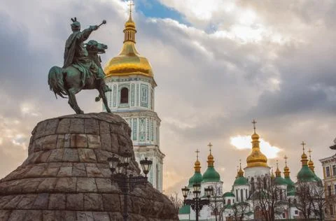 Bohdan Khmelnytsky Monument, Saint Sophia Cathedral, view from Sophia square. Stock Photos