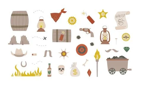 Bohemian gold rush elements set. Wild west landscape, fire, dynamite, lamp. Stock Illustration
