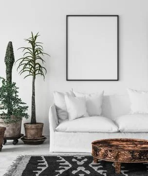 Bohemian interior with frame mock-up, 3d render Stock Illustration