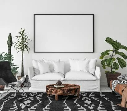 Bohemian interior with frame mock-up, 3d render Stock Illustration
