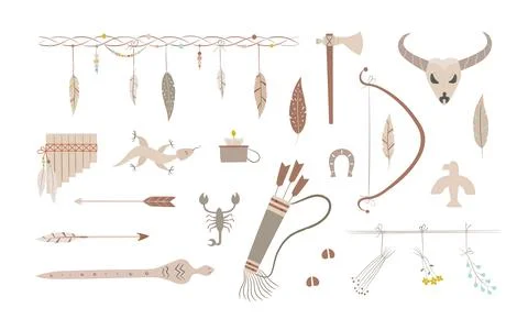 Bohemian native americans elements set. Wild west clipart with arrow, arch Illustrazione stock
