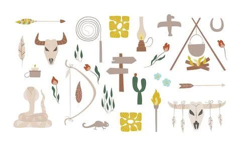 Bohemian native americans nature elements set. Wild west clipart with bull skull Stock Illustration