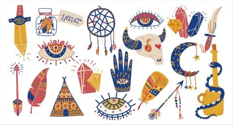 Bohemian objects set. Dreamcatcher, dagger, palm with eye boho style decoration Stock Illustration