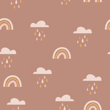Bohemian rainbow pattern. Childish vector seamless pattern with sky, clouds Stock Illustration