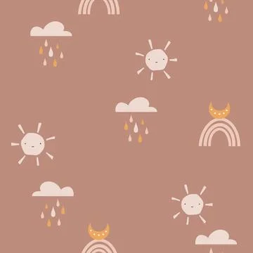 Bohemian rainbow pattern. Childish vector seamless pattern with sky, clouds Illustrazione stock