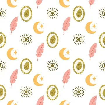 Bohemian Seamless Pattern with Feathers, Moons, Eyes Stock Illustration