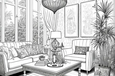 Bohemian style decor of the living room. Adult coloring book. the area inside Stock Illustration