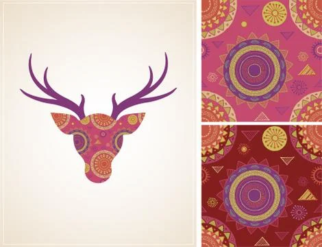 Bohemian, Tribal, Ethnic background with deer icon and patterns Stock Illustration