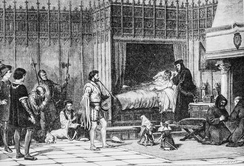 Bohemians making small pigs dance in front of Louis XI sick, 'illustrious uni Stock Illustration