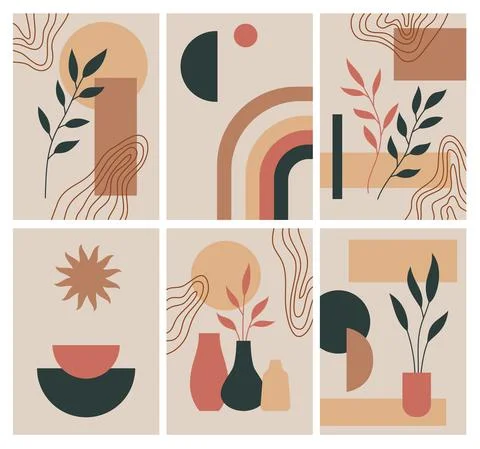 Boho abstract cards. Modern simple shapes compositions, contemporary flat design Ilustración de archivo
