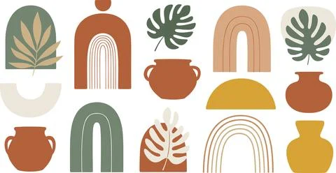 Boho Abstract Flat Vector Illustration Set with Terracotta Vases, Monstera .. Stock Illustration