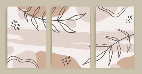 Boho abstract hand drawn background set with abstract shapes and leaves Stock Illustration