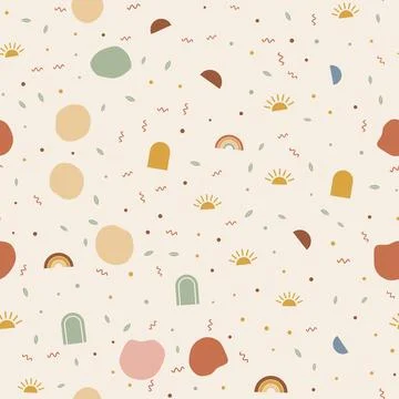 Boho abstract seamless pattern with sun, rainbow, arches, organic blobs, leaves Stock Illustration