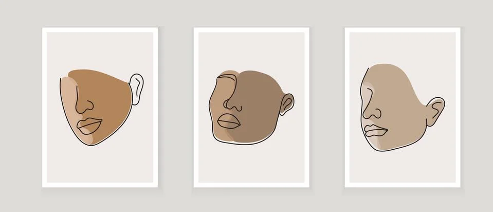 Boho afro faces on abstract wall art vector. Surreal portrait, African face i Stock Illustration