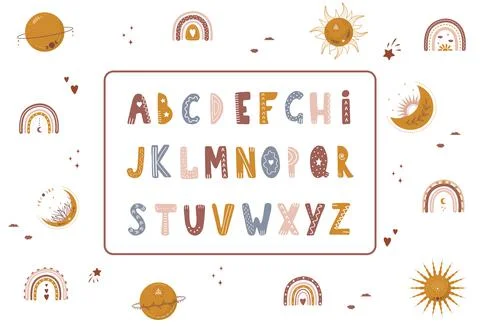 Boho alphabet with celestial elements. Cute letters and numbers for banners Illustrazione stock
