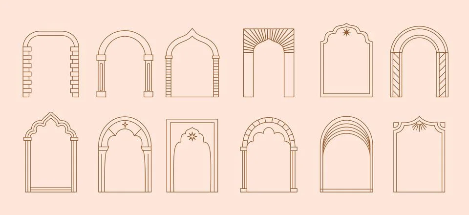 Boho arch door frames, ornate archways vector set Stock Illustration