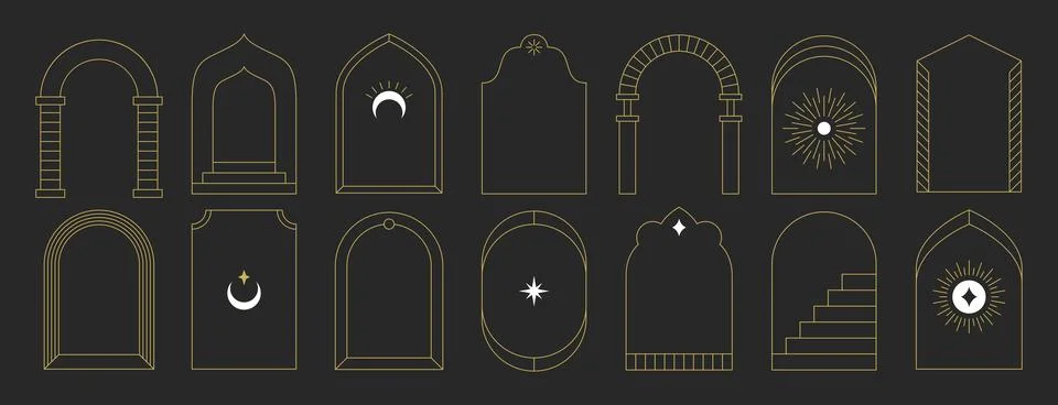 Boho arch frames, mystical minimalist linear borders with sun, moon and stairs Stock Illustration