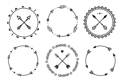Boho arrow circle frame set. Hand drawn doodle african, aztec rustic ethnic Stock Illustration