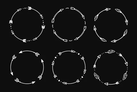 Boho arrow circle frame set. Hand drawn doodle african, aztec rustic ethnic 스톡 일러스트