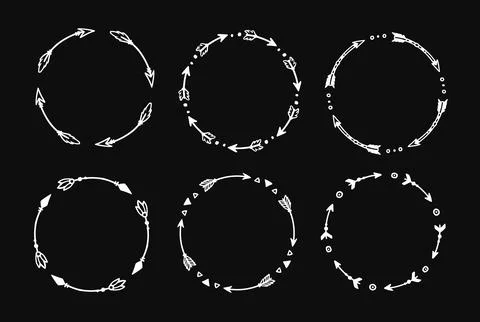 Boho arrow circle frame set. Hand drawn doodle african, aztec rustic ethnic 스톡 일러스트