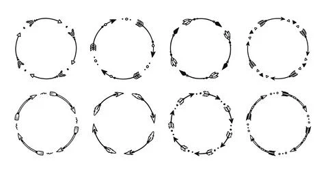 Boho arrow circle frame set. Hand drawn doodle african, aztec rustic ethnic Stock Illustration