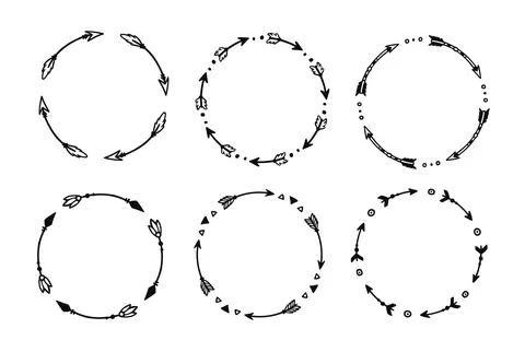 Boho arrow circle frame set. Hand drawn doodle african, aztec rustic ethnic Stock Illustration