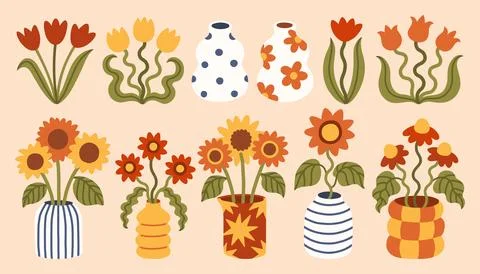 Boho autumn flower bouquets in ceramic vases vector set. Flat sunflower, tulip Stock Illustration