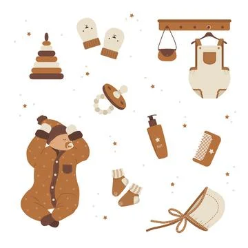 Boho baby care objects. Cute sleeping newborn. Vintage wooden toys for children Illustrazione stock