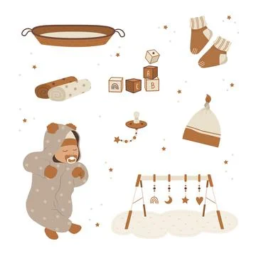 Boho baby care objects. Cute sleeping newborn. Vintage wooden toys for children Ilustración de archivo