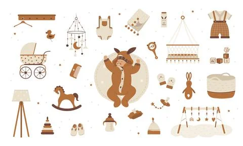 Boho baby care objects. Cute sleeping newborn. Vintage wooden toys for children Illustrazione stock