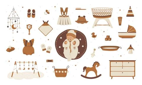 Boho baby care objects. Cute sleeping newborn. Vintage wooden toys for children Stock Illustration