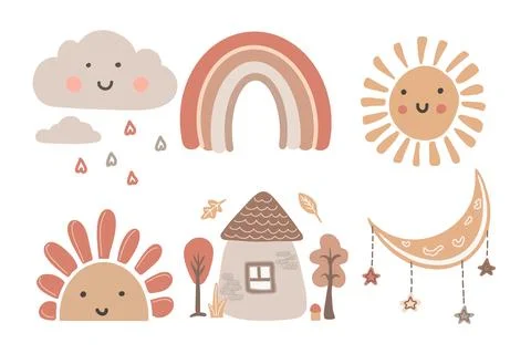 Boho baby elements, abstract sun, moon, rainbow and clouds, rain clouds, cute 스톡 일러스트
