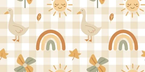 Boho baby patchwork seamless pattern with rainbows suns and goose in pastel.. Stock Illustration