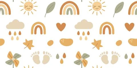 Boho baby seamless pattern with rainbow, sun and floral elements in soft past イラスト素材