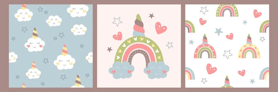 Boho baby seamless pattern set with rainbow, cute clouds, stars and hearts Stock Illustration