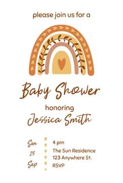 Boho baby shower invitation template with cute pastel rainbow. Gender neutral Stock Illustration