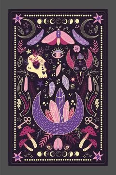 Boho background. Vertical banner or poster design. Tarot cover. Print magical 库存插图