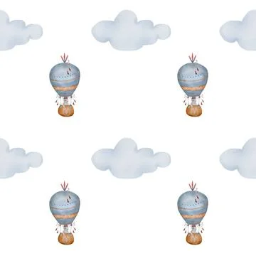 Boho balloon pattern with bunnies in a basket and clouds. Watercolor seamless Stock Illustration