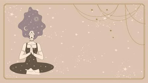 Boho banner with copyspace for text, a beautiful mystical girl meditates in the Stock-Illustration