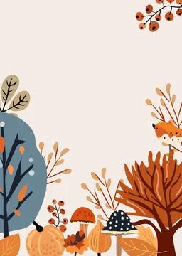 Boho banner with elements autumn, colored trees, autumn leaves, mushrooms and Stock Illustration